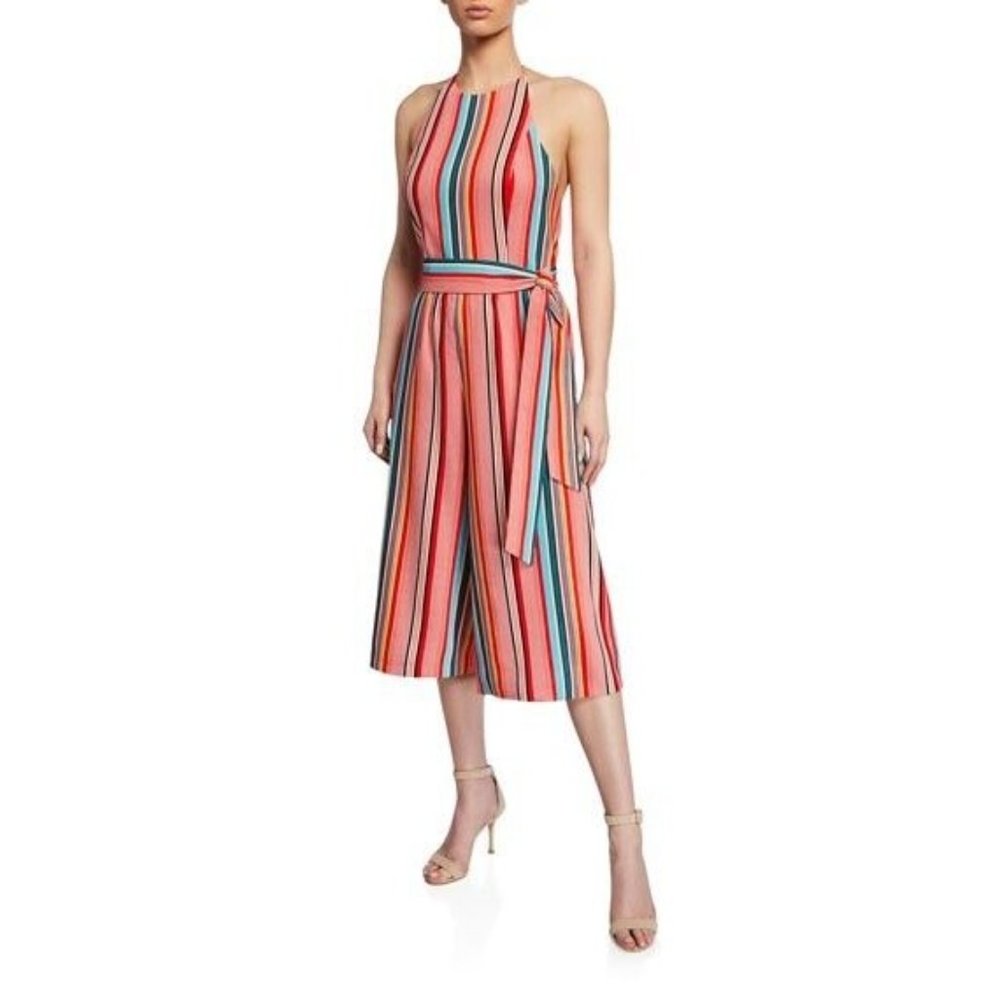 Alice + Olivia Jumpsuit Red Lucie Striped Cropped Wide-Leg Halter Belted Size 10